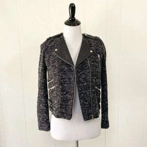 THE KOOPLES Sport Black Tweed Leather Silver Hardware Moto Biker Jacket Size 34